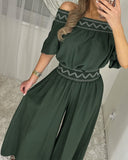 Tribal Pattern Off Shoulder Half Sleeve Top Shirred Wide Leg Pants Vacation Pants Set