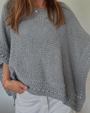 Solid Three Quarters Batwing Sleeve Hollow out Pattern Edges Casual Knit Top