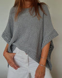 Solid Three Quarters Batwing Sleeve Hollow out Pattern Edges Casual Knit Top