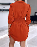 Button Down Shirt Dress Roll Tab Sleeve Side Drawstring Mini Dresses