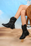 Black Fringed Wide Calf Faux Leather Western Boots