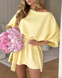 Skew Neck Batwing Sleeve Bow Tie Waist Loose Dress Casual Cinched Waist Mini Dress