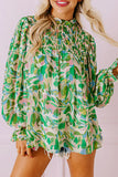 Green Leafy Printed Flounce Sleeve Shirred Mock Neck Blouse