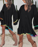 Colorblock V Neck Bell Sleeve A Line Tassel Mini Dress Vacation Dress