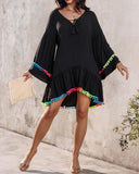 Colorblock V Neck Bell Sleeve A Line Tassel Mini Dress Vacation Dress