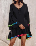 Colorblock V Neck Bell Sleeve A Line Tassel Mini Dress Vacation Dress