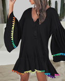 Colorblock V Neck Bell Sleeve A Line Tassel Mini Dress Vacation Dress