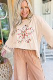 Beige Plus Size Flower Patched Side Slits Crewneck Top