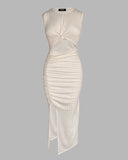 Round Neck Twist Ribbed Hollow Out Dress Sexy Strechy Slit Bodycon Midi Dress
