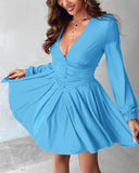 Plunge Neck Ruched A Line Flowy Dress Long Sleeve Casual Dress