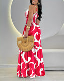 Tropical Print Tied Detail Elastic Shirred Waist Slit Maxi Dress