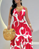 Tropical Print Tied Detail Elastic Shirred Waist Slit Maxi Dress