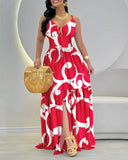 Tropical Print Tied Detail Elastic Shirred Waist Slit Maxi Dress