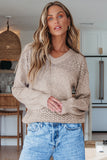 Brown Eyelet Pattern Detail V Neck Drop Shoulder Sweater