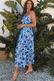 Blue Floral Printed Spaghetti Strap Maxi Dress with Waist Tie