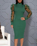 Contrast Mesh Puff Sleeve Ribbed Midi Dress