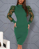 Contrast Mesh Puff Sleeve Ribbed Midi Dress