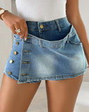 Pocket Design Buttoned Washed Asymmetrical Denim Skorts