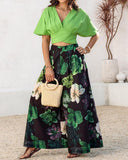 2 Pieces Outfit Plain V Neck Short Sleeve Ruched Top and Casual Floral Print Wide Leg Pants Set