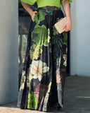 2 Pieces Outfit Plain V Neck Short Sleeve Ruched Top and Casual Floral Print Wide Leg Pants Set