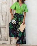 2 Pieces V Neck Short Sleeve Ruched Top and Floral Print Pocket Design Wide Leg Pants Sets