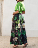 2 Pieces V Neck Short Sleeve Ruched Top and Floral Print Pocket Design Wide Leg Pants Sets