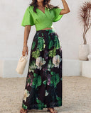 2 Pieces V Neck Short Sleeve Ruched Top and Floral Print Pocket Design Wide Leg Pants Sets