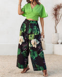 2 Pieces V Neck Short Sleeve Ruched Top and Floral Print Pocket Design Wide Leg Pants Sets