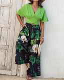 2 Pieces V Neck Short Sleeve Ruched Top and Floral Print Pocket Design Wide Leg Pants Sets