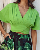 2 Pieces V Neck Short Sleeve Ruched Top and Floral Print Pocket Design Wide Leg Pants Sets