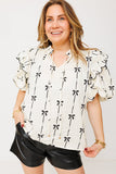 Apricot Bow Printed Ruffled Bubble Sleeve Lace-up Notched Neck Plus Size Blouse