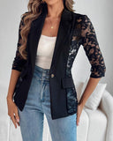 Lapel Neck Lace Patch Single Button Flap Detail Sheer Blazer Coat