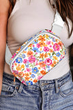 White Flower Print Buckle Wide Strap Crossbody Bag