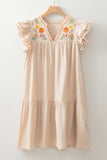 Jet Stream Linen Embroidery Split Neck Pom Pom Ruffle Sleeves Flowy Short Dress