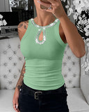 Rhinestone Contrast Sequin Keyhole Neck Sleeveless Slim Fit Elasticity Ribbed Top Elegant Tank