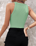 Rhinestone Contrast Sequin Keyhole Neck Sleeveless Slim Fit Elasticity Ribbed Top Elegant Tank