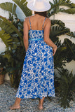 Blue Floral Printed Spaghetti Strap Maxi Dress with Waist Tie