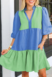 Dark Blue Colorblock Frilled V Neck Puff Half Sleeve Shift Dress