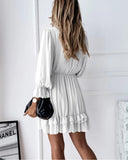 Lace Trim Ruffle Hem Plunge Chiffon A Line Dress