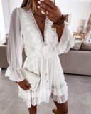 Lace Trim Ruffle Hem Plunge Chiffon A Line Dress