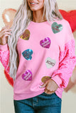 Pink Valentine Shiny Slogan Heart Sequin Sleeve Patchwork Pullover Top