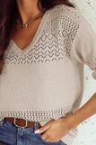 Brown Eyelet Pattern Detail V Neck Drop Shoulder Sweater