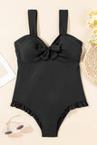 Black Plus Size Textured Knotted Ruffled Trim One Piece Swimwear