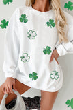 White Sequin Clover Patched Drop Shoulder Corded Sweatshirt