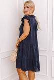 Navy Blue Collared V Neck Flutter Sleeve Tiered Plus Size Dress