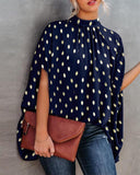 Polka Dot Stand Collar Batwing Sleeve Blouse Casual Back Tied Detail Top