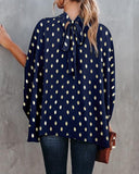 Polka Dot Stand Collar Batwing Sleeve Blouse Casual Back Tied Detail Top