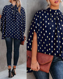 Polka Dot Stand Collar Batwing Sleeve Blouse Casual Back Tied Detail Top