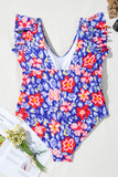 Blue Floral Print Ruffled V Neck High Waist One Piece Swimwear