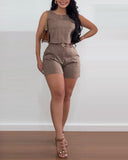 2 Pieces Outfits Round Neck Sleeveless Tank and Casual Ruched Shorts Set